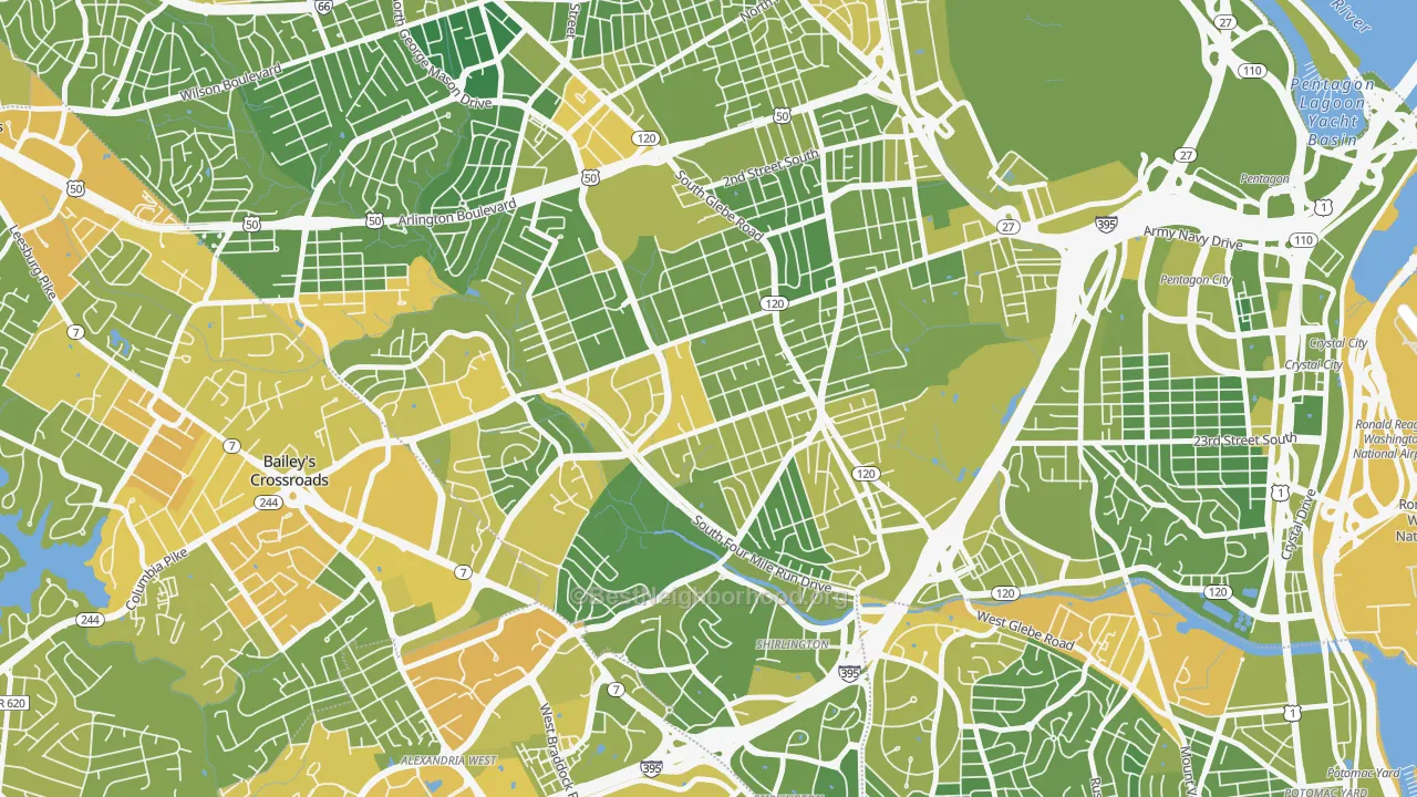 Map of the best neighborhoods in the Douglas Park, Arlington area, with better matches in green and worse matches in red