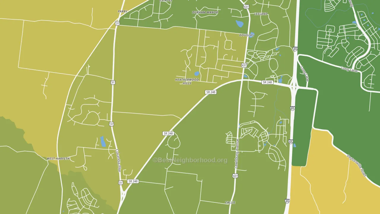 Map of the best neighborhoods in the Douglas area, with better matches in green and worse matches in red