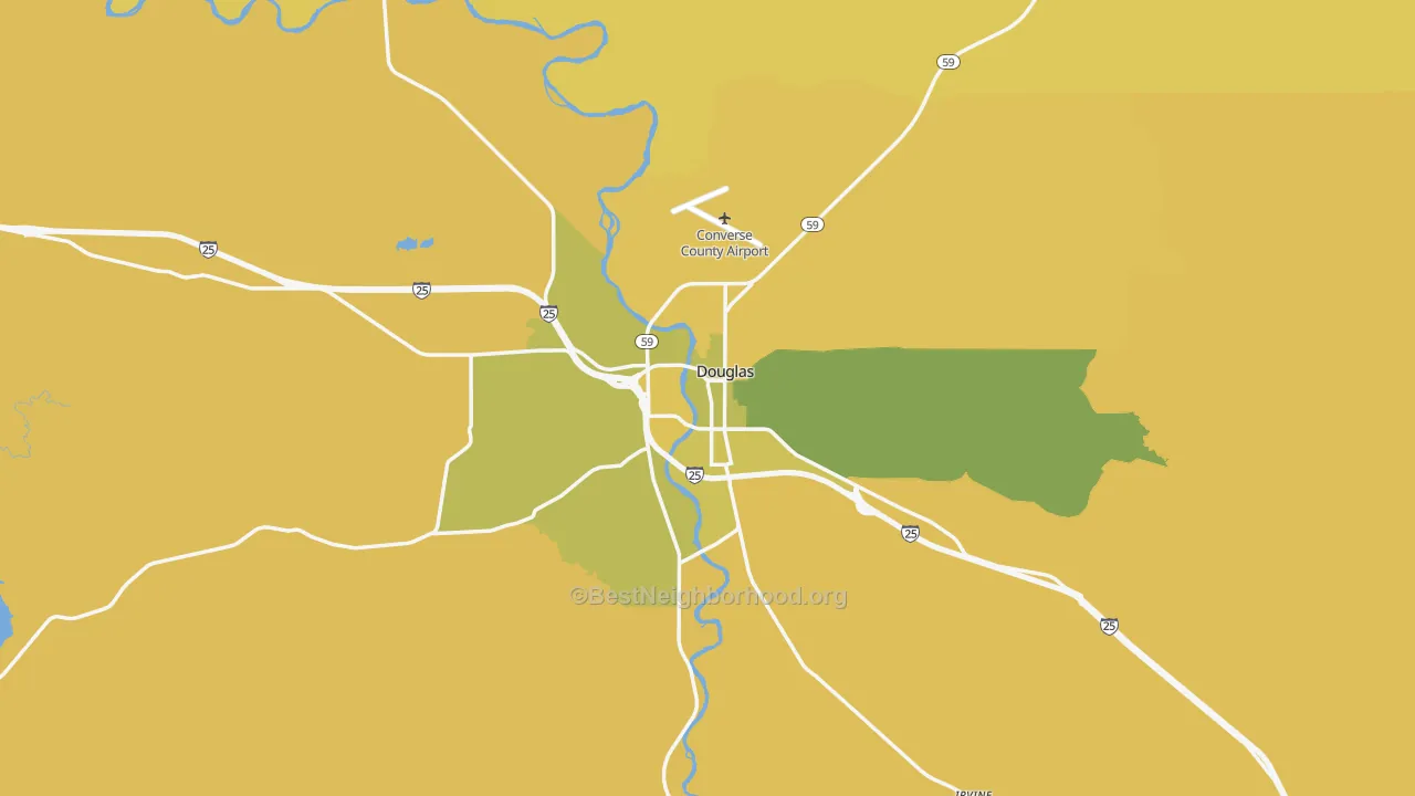 Map of the best neighborhoods in the Douglas area, with better matches in green and worse matches in red