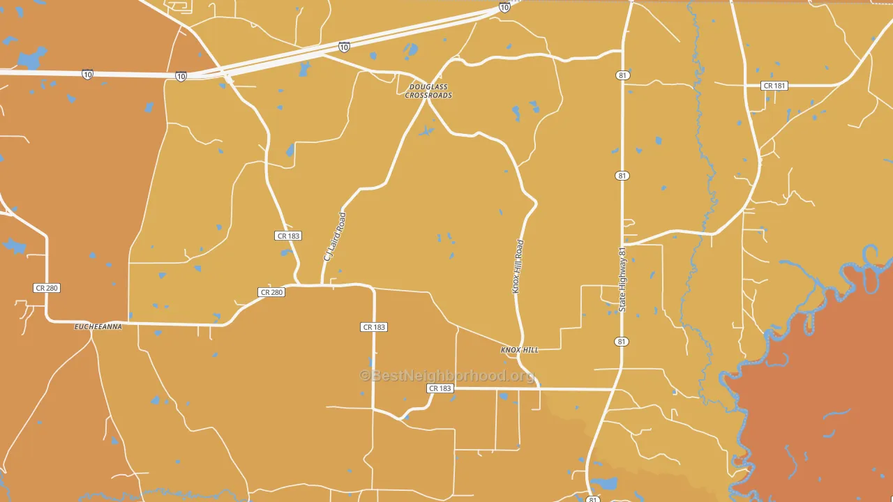 Map of the best neighborhoods in the Douglass Crossroads area, with better matches in green and worse matches in red