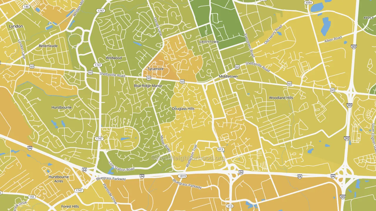Map of the best neighborhoods in the Douglass Hills area, with better matches in green and worse matches in red