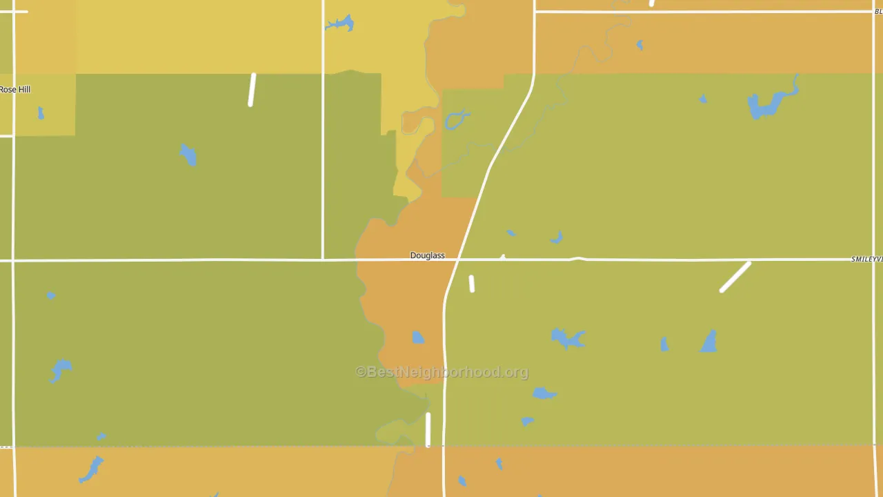 Map of the best neighborhoods in the Douglass area, with better matches in green and worse matches in red