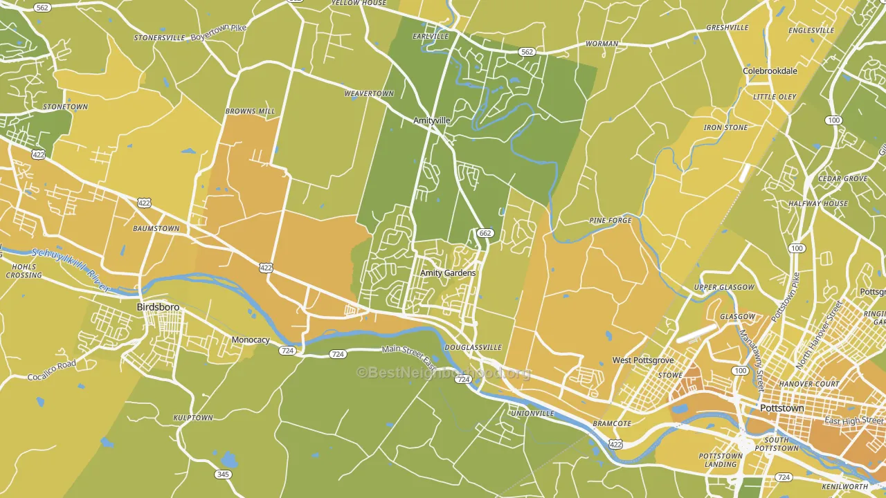 Map of the best neighborhoods in the Douglassville area, with better matches in green and worse matches in red