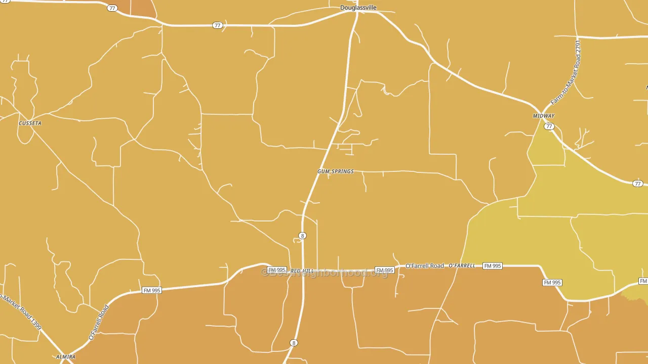 Map of the best neighborhoods in the Douglassville area, with better matches in green and worse matches in red