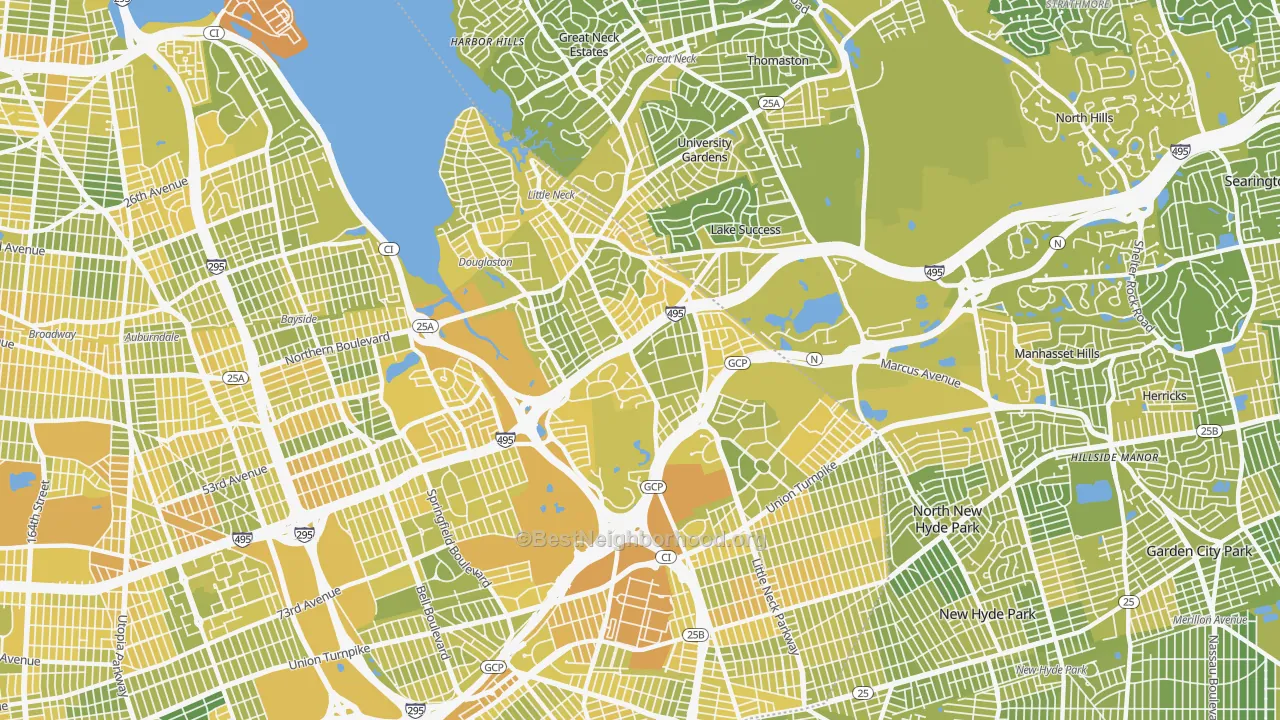 Map of the best neighborhoods in the Douglaston-Little Neck, Queens area, with better matches in green and worse matches in red