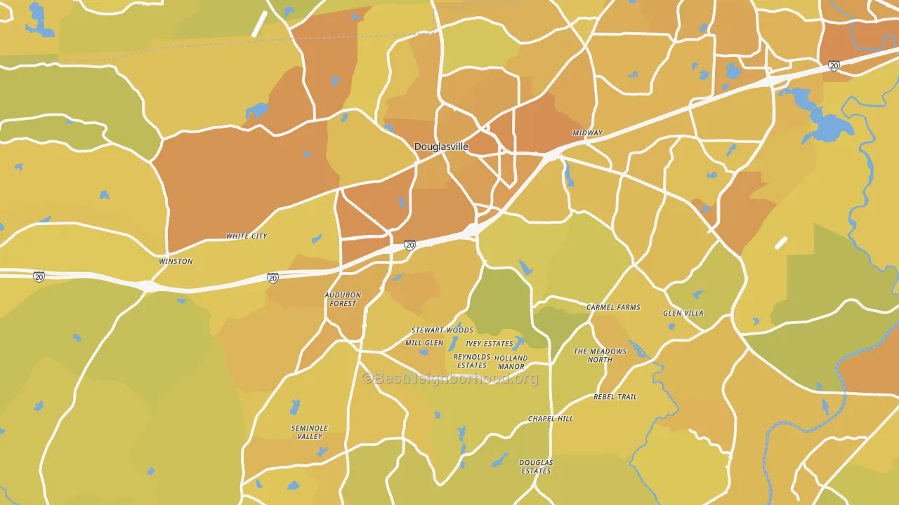 Map of the best neighborhoods in the Douglasville area, with better matches in green and worse matches in red