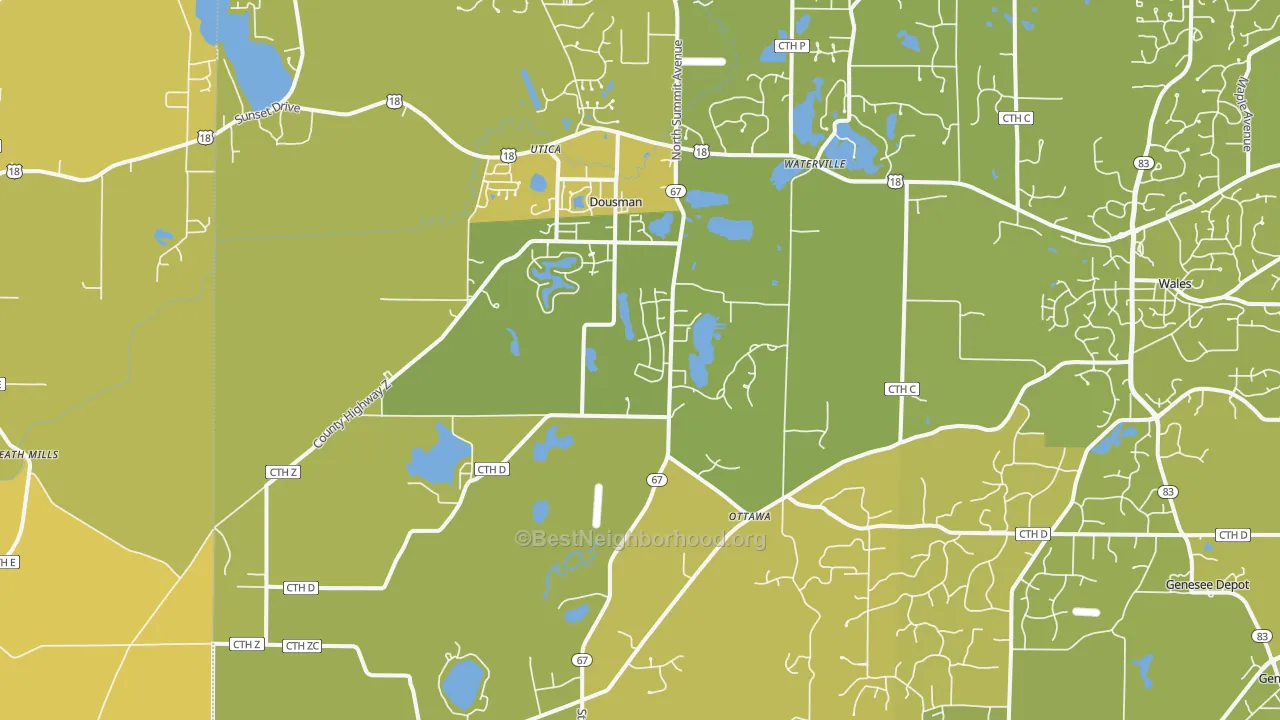 Map of the best neighborhoods in the Dousman area, with better matches in green and worse matches in red