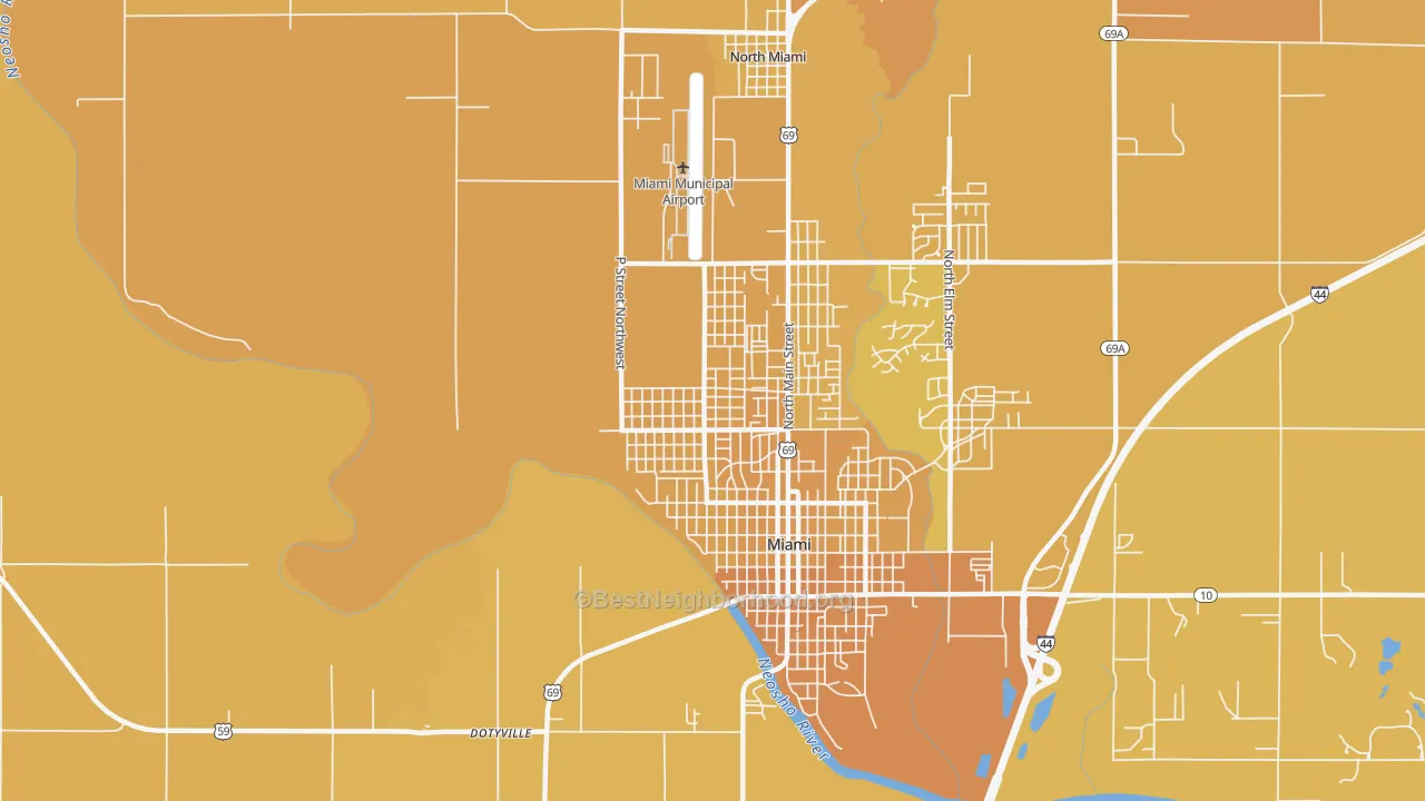 Map of the best neighborhoods in the Douthat area, with better matches in green and worse matches in red