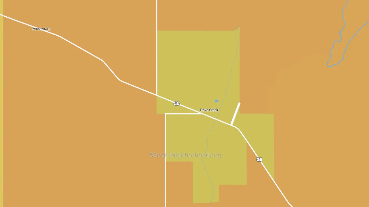Map of the best neighborhoods in the Dove Creek area, with better matches in green and worse matches in red