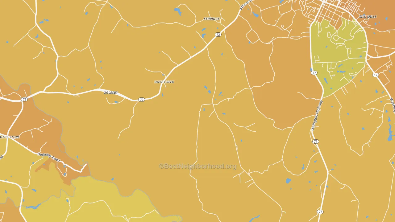 Map of the best neighborhoods in the Dove Creek area, with better matches in green and worse matches in red
