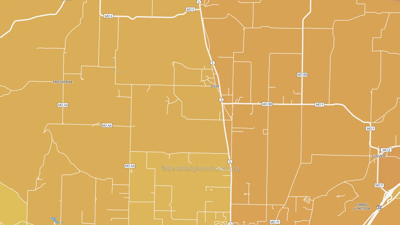 Map of the best neighborhoods in the Dove area, with better matches in green and worse matches in red