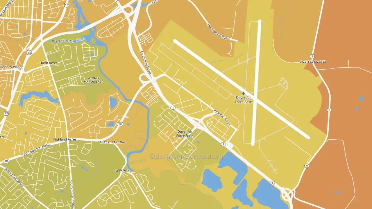 Map of the best neighborhoods in the Dover Afb area, with better matches in green and worse matches in red