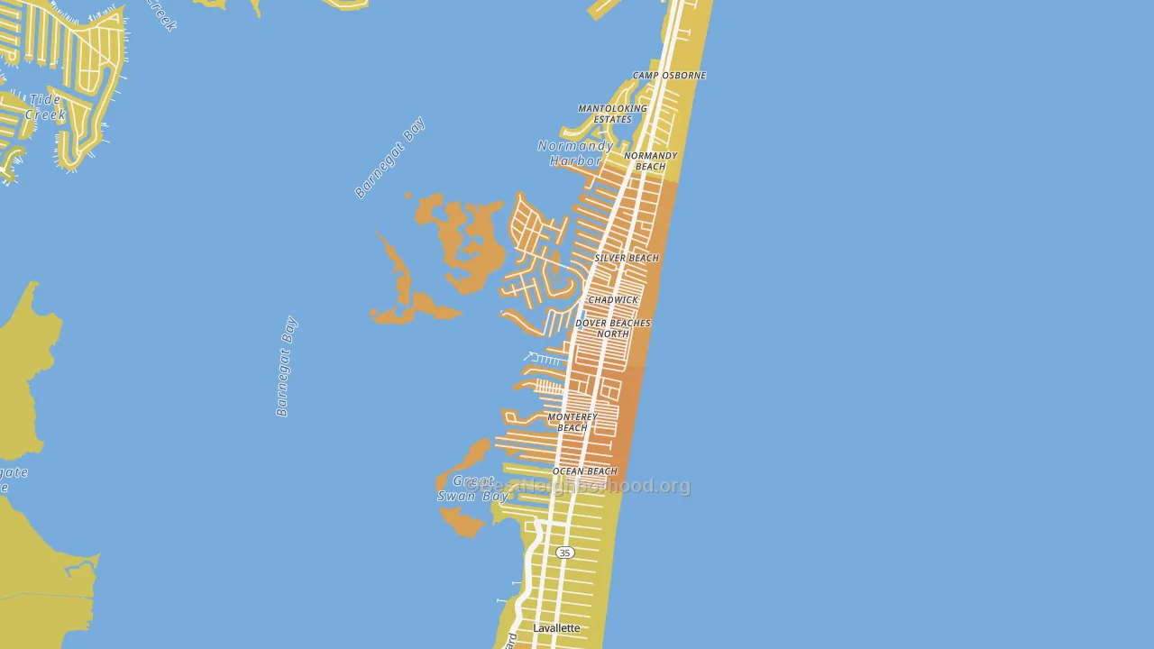 Map of the best neighborhoods in the Dover Beaches North area, with better matches in green and worse matches in red