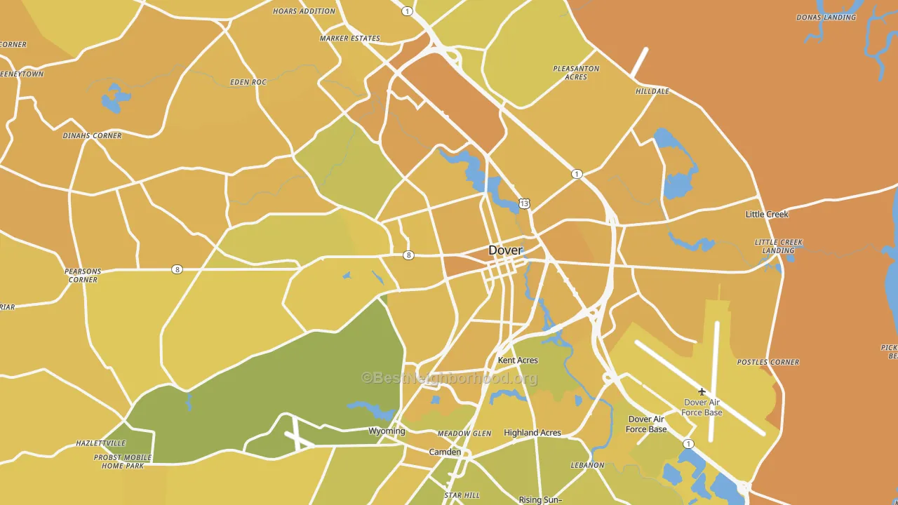 Map of the best neighborhoods in the Dover Metro area, with better matches in green and worse matches in red