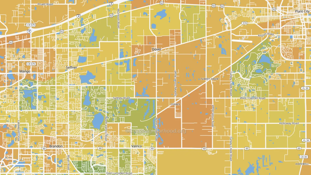 Map of the best neighborhoods in the Dover area, with better matches in green and worse matches in red