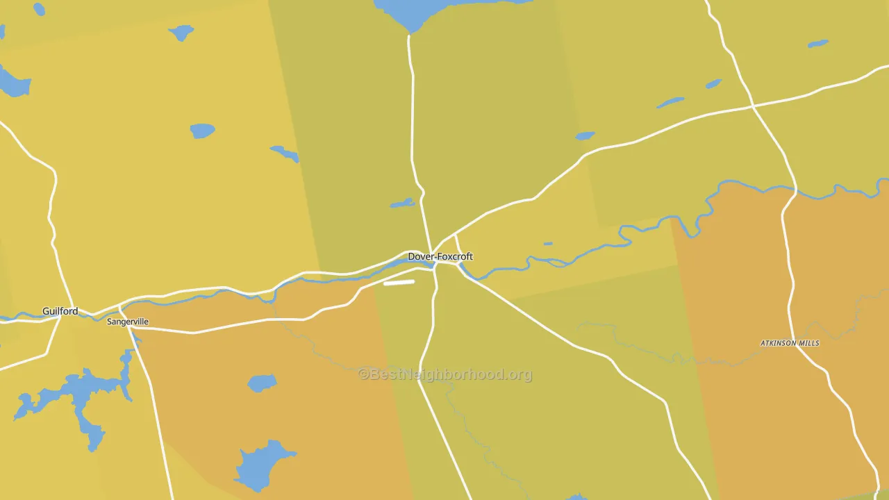 Map of the best neighborhoods in the Dover Foxcroft area, with better matches in green and worse matches in red