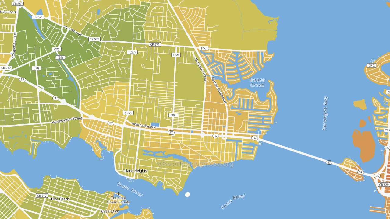 Map of the best neighborhoods in the Dover Heights, Toms River area, with better matches in green and worse matches in red