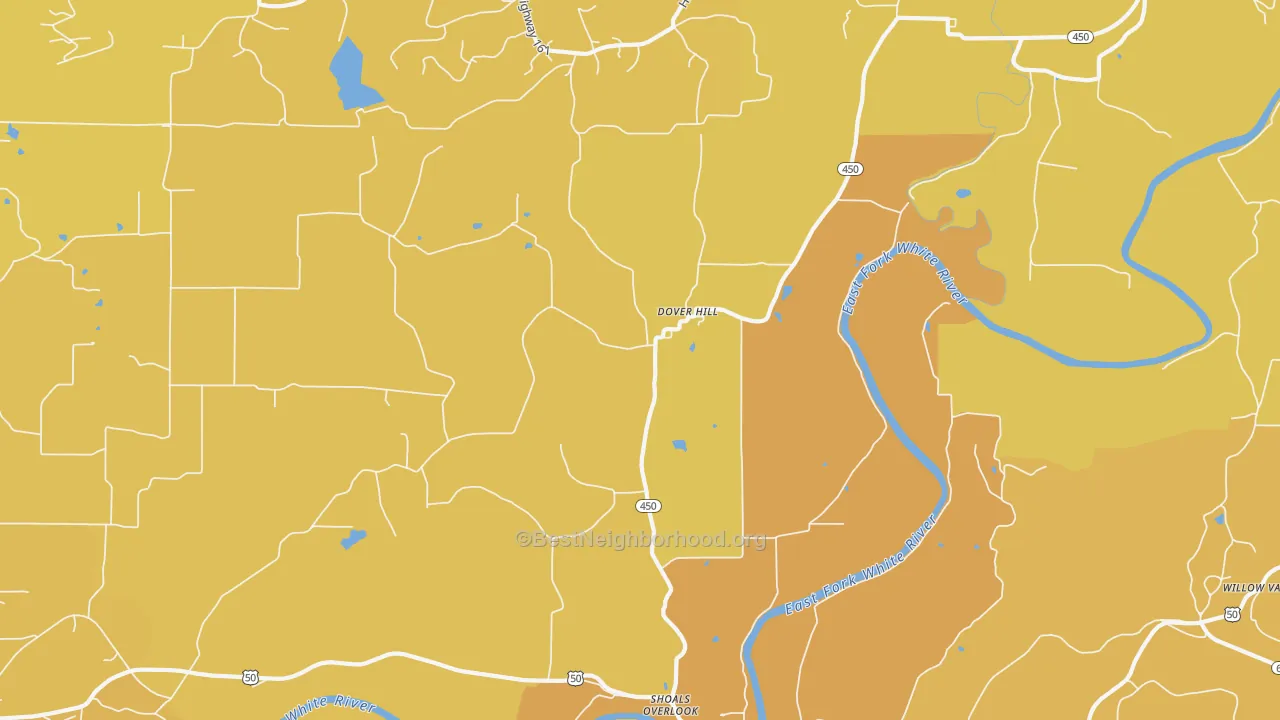Map of the best neighborhoods in the Dover Hill area, with better matches in green and worse matches in red