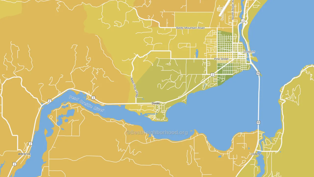 Map of the best neighborhoods in the Dover area, with better matches in green and worse matches in red