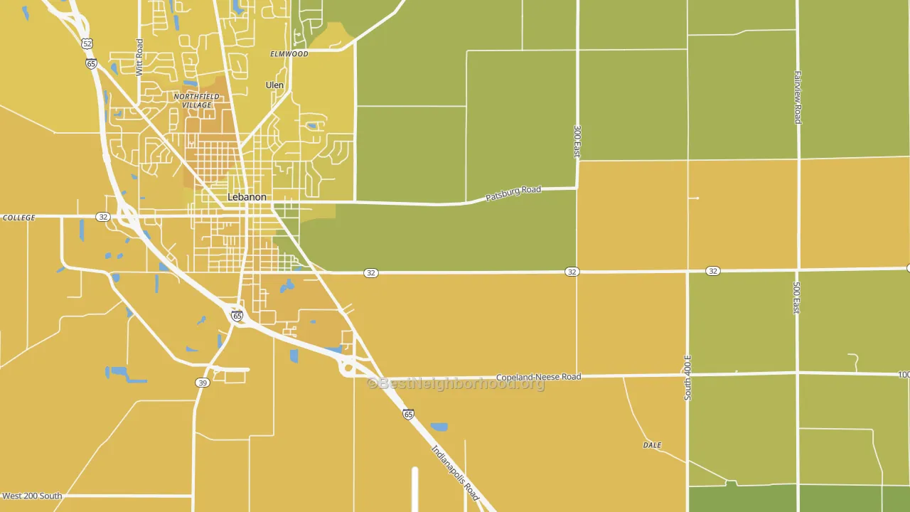 Map of the best neighborhoods in the Dover area, with better matches in green and worse matches in red