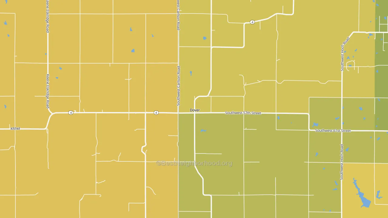 Map of the best neighborhoods in the Dover area, with better matches in green and worse matches in red