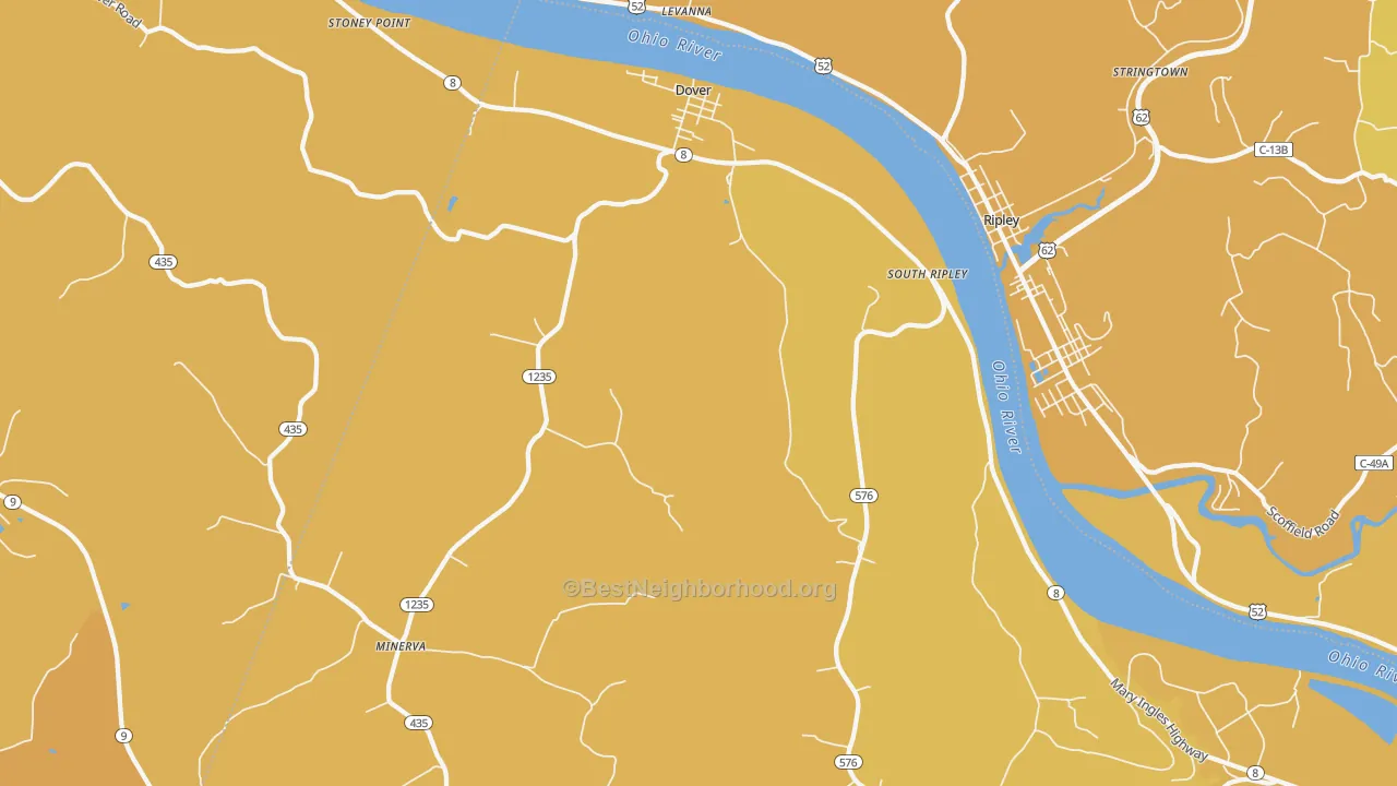 Map of the best neighborhoods in the Dover area, with better matches in green and worse matches in red