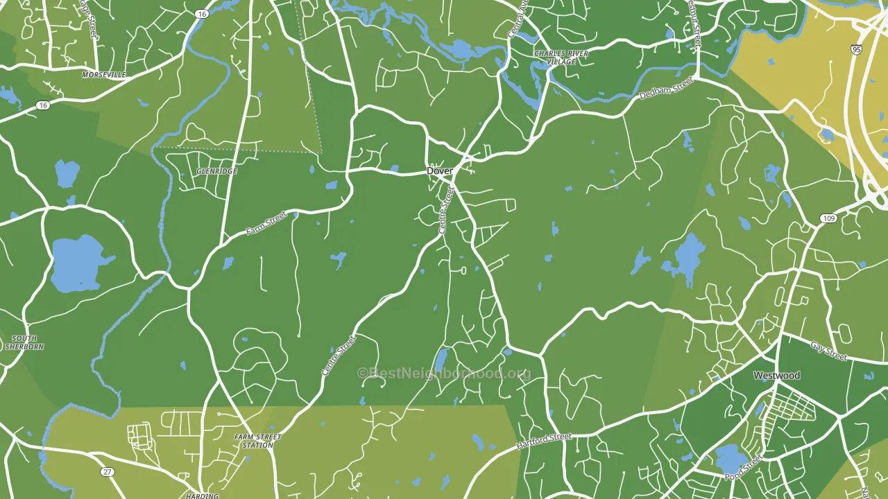 Map of the best neighborhoods in the Dover area, with better matches in green and worse matches in red