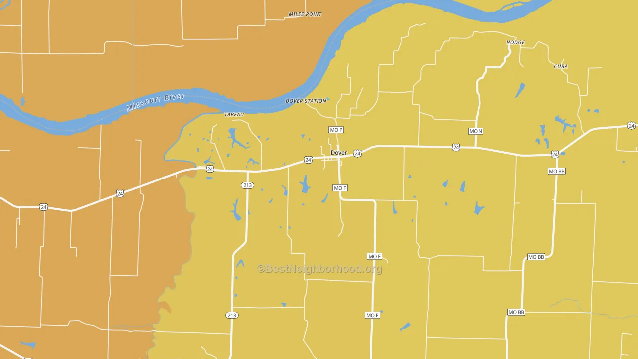 Map of the best neighborhoods in the Dover area, with better matches in green and worse matches in red