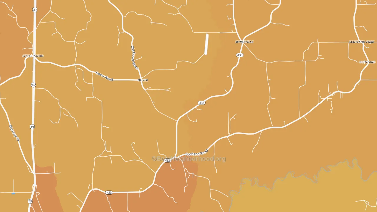 Map of the best neighborhoods in the Dover area, with better matches in green and worse matches in red