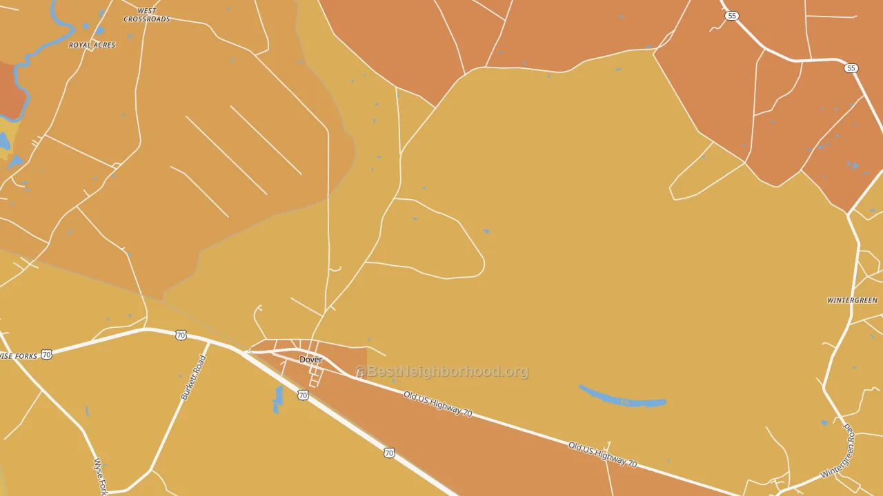 Map of the best neighborhoods in the Dover area, with better matches in green and worse matches in red