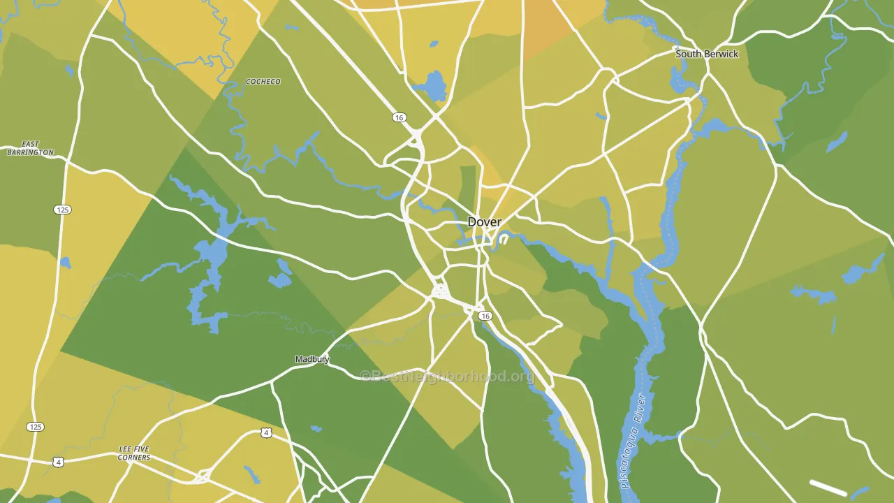 Map of the best neighborhoods in the Dover area, with better matches in green and worse matches in red