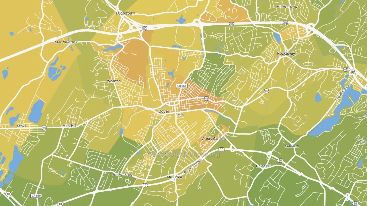 Map of the best neighborhoods in the Dover area, with better matches in green and worse matches in red