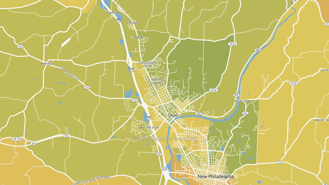 Map of the best neighborhoods in the Dover area, with better matches in green and worse matches in red