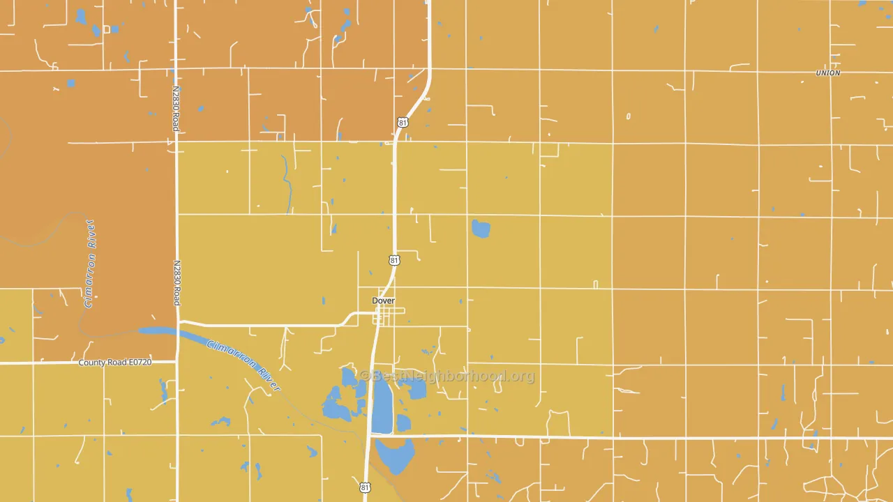 Map of the best neighborhoods in the Dover area, with better matches in green and worse matches in red