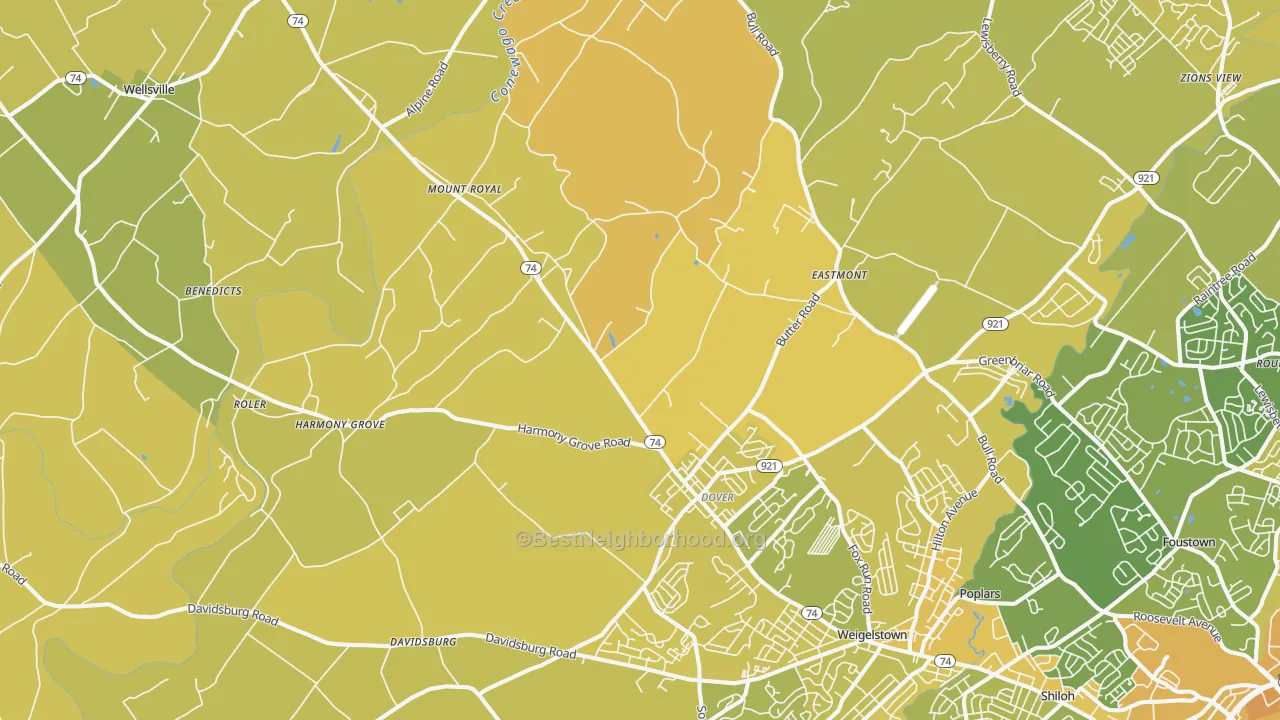 Map of the best neighborhoods in the Dover area, with better matches in green and worse matches in red