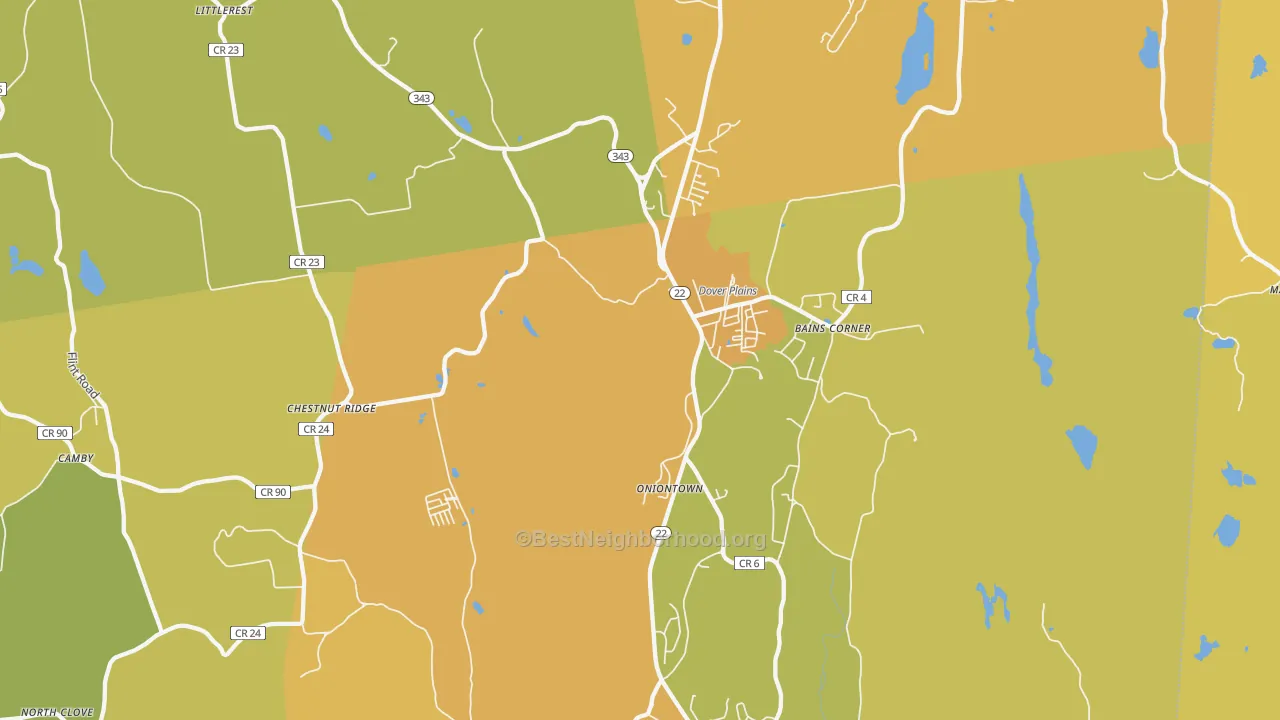 Map of the best neighborhoods in the Dover Plains area, with better matches in green and worse matches in red