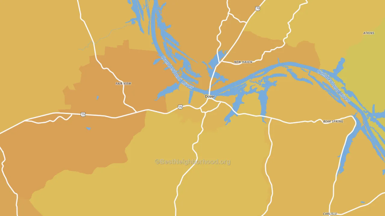 Map of the best neighborhoods in the Dover area, with better matches in green and worse matches in red