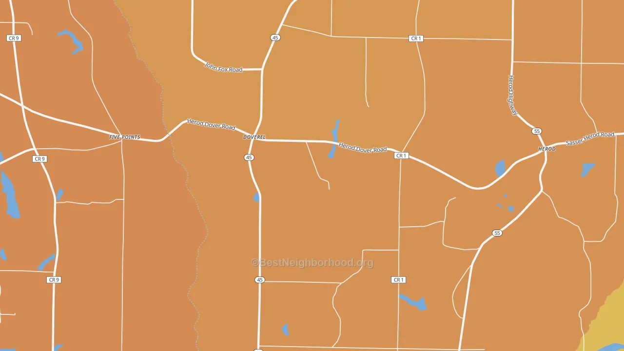 Map of the best neighborhoods in the Doverel area, with better matches in green and worse matches in red