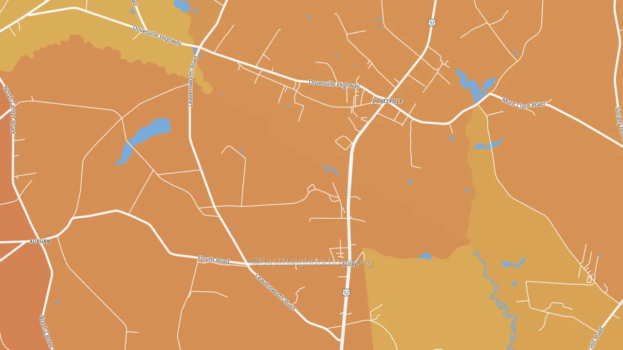 Map of the best neighborhoods in the Dovesville area, with better matches in green and worse matches in red