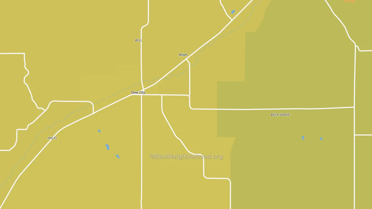 Map of the best neighborhoods in the Dow City area, with better matches in green and worse matches in red