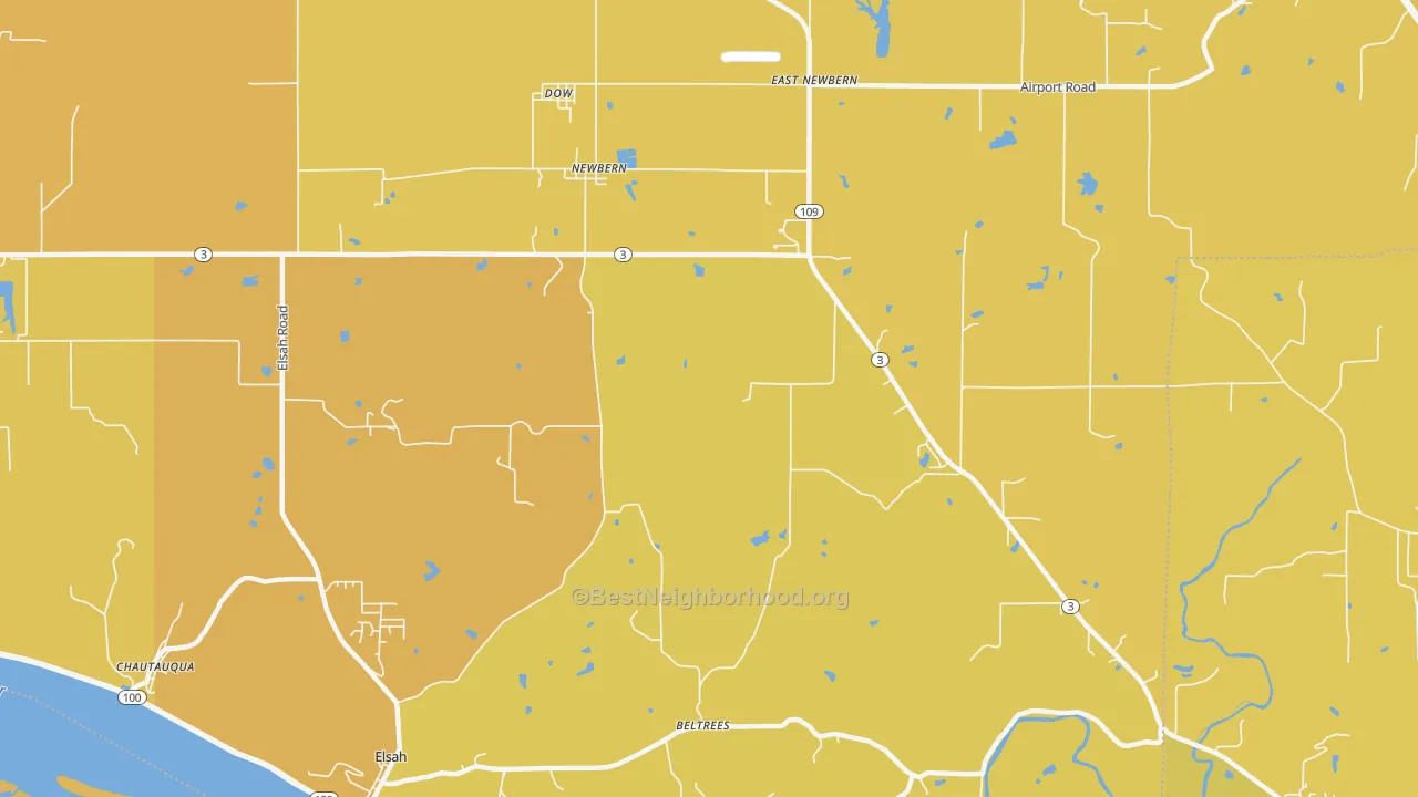 Map of the best neighborhoods in the Dow area, with better matches in green and worse matches in red
