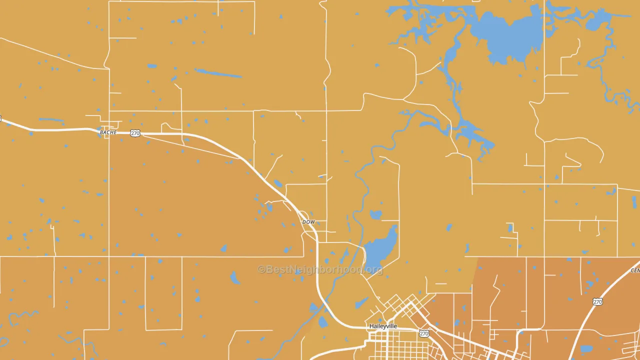 Map of the best neighborhoods in the Dow area, with better matches in green and worse matches in red