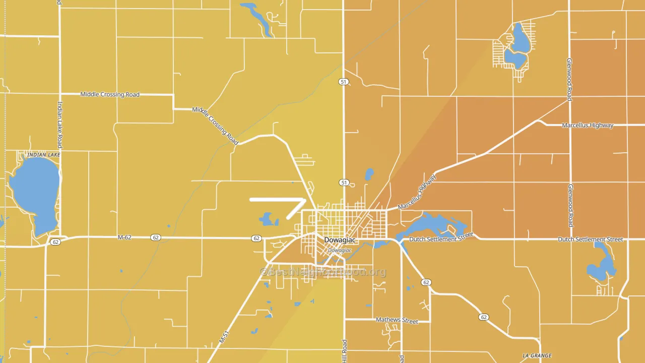 Map of the best neighborhoods in the Dowagiac area, with better matches in green and worse matches in red