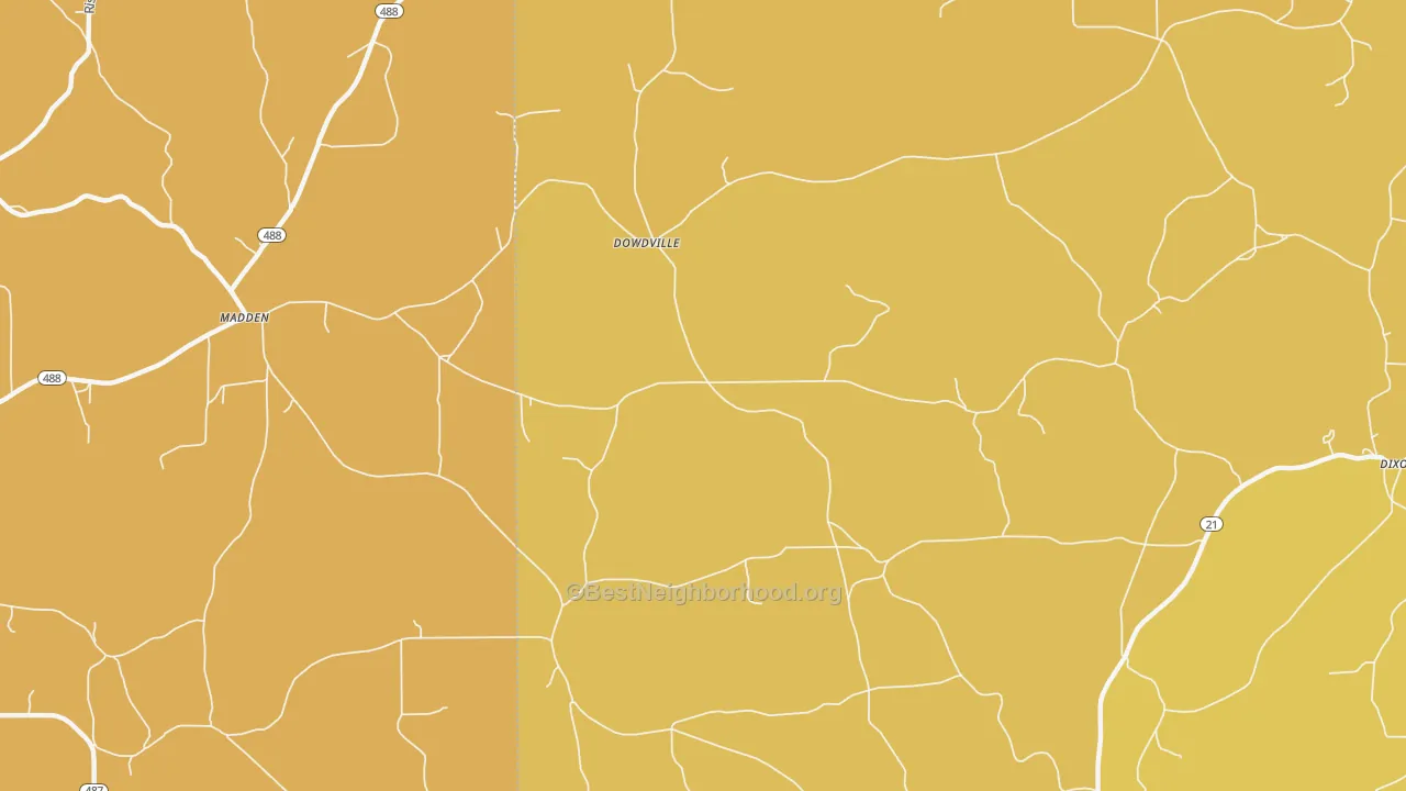 Map of the best neighborhoods in the Dowdville area, with better matches in green and worse matches in red