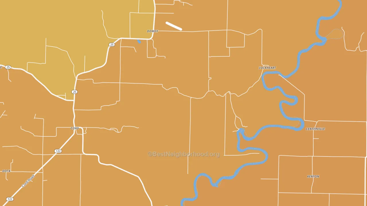 Map of the best neighborhoods in the Dowdy area, with better matches in green and worse matches in red