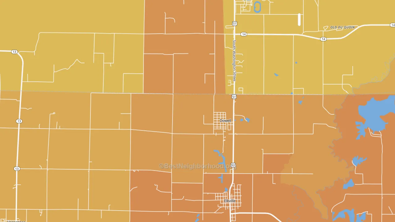 Map of the best neighborhoods in the Dowell area, with better matches in green and worse matches in red