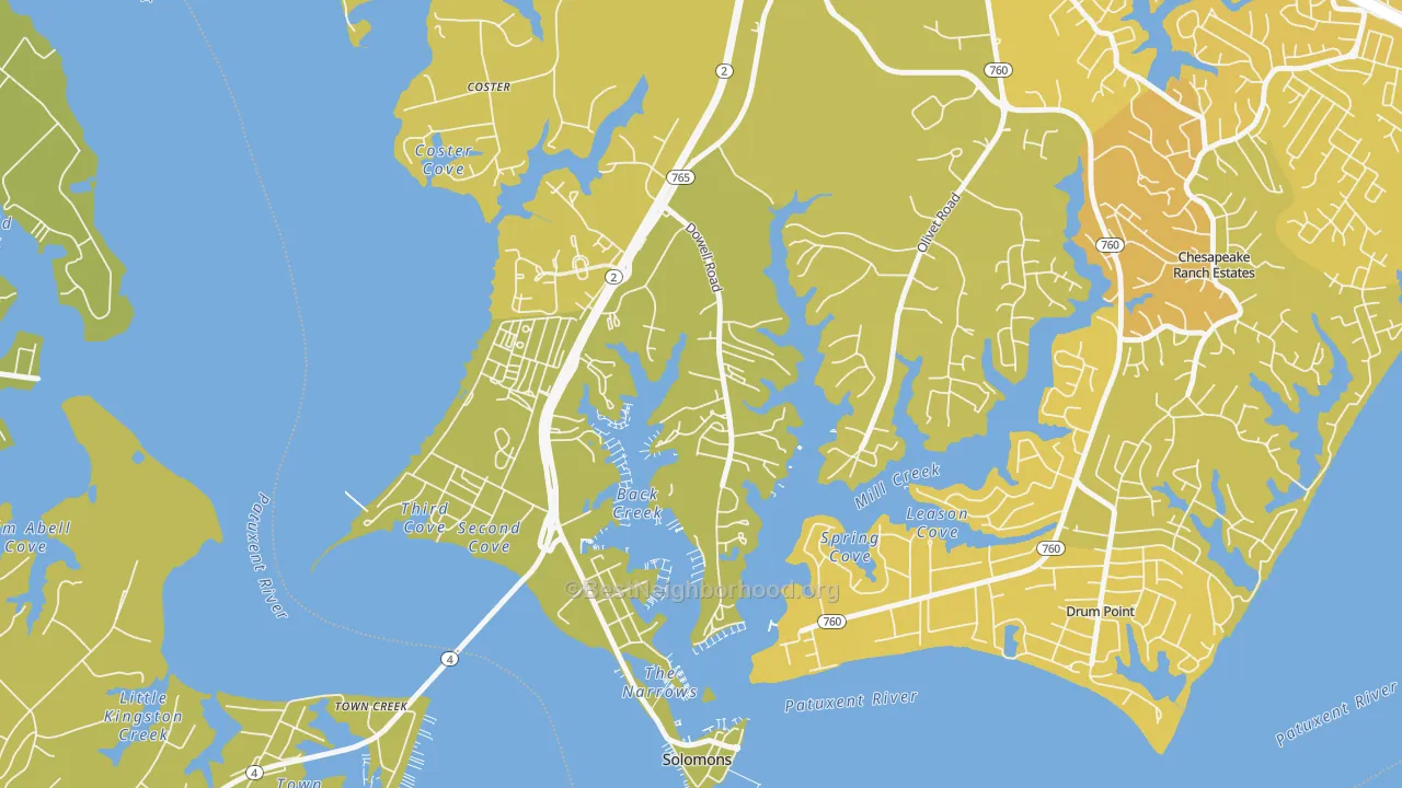 Map of the best neighborhoods in the Dowell area, with better matches in green and worse matches in red
