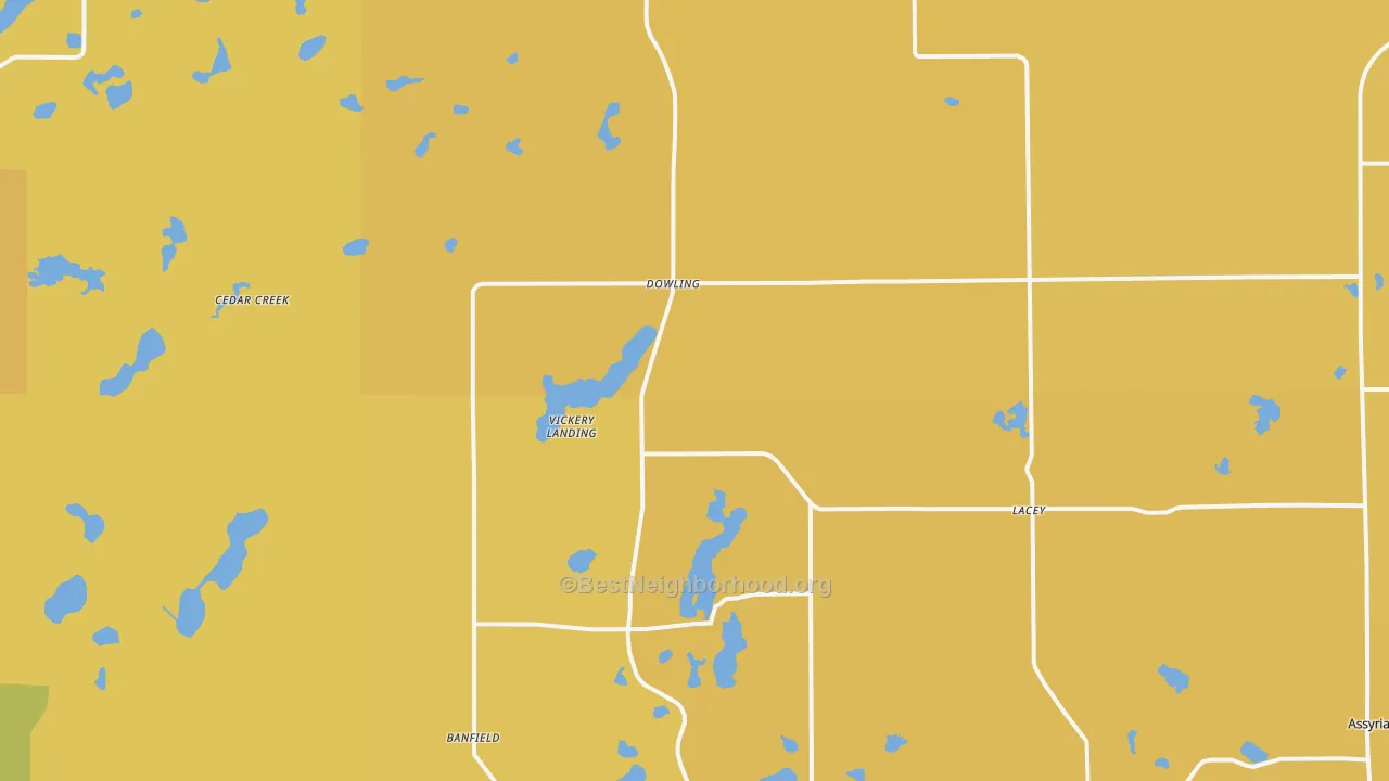 Map of the best neighborhoods in the Dowling area, with better matches in green and worse matches in red