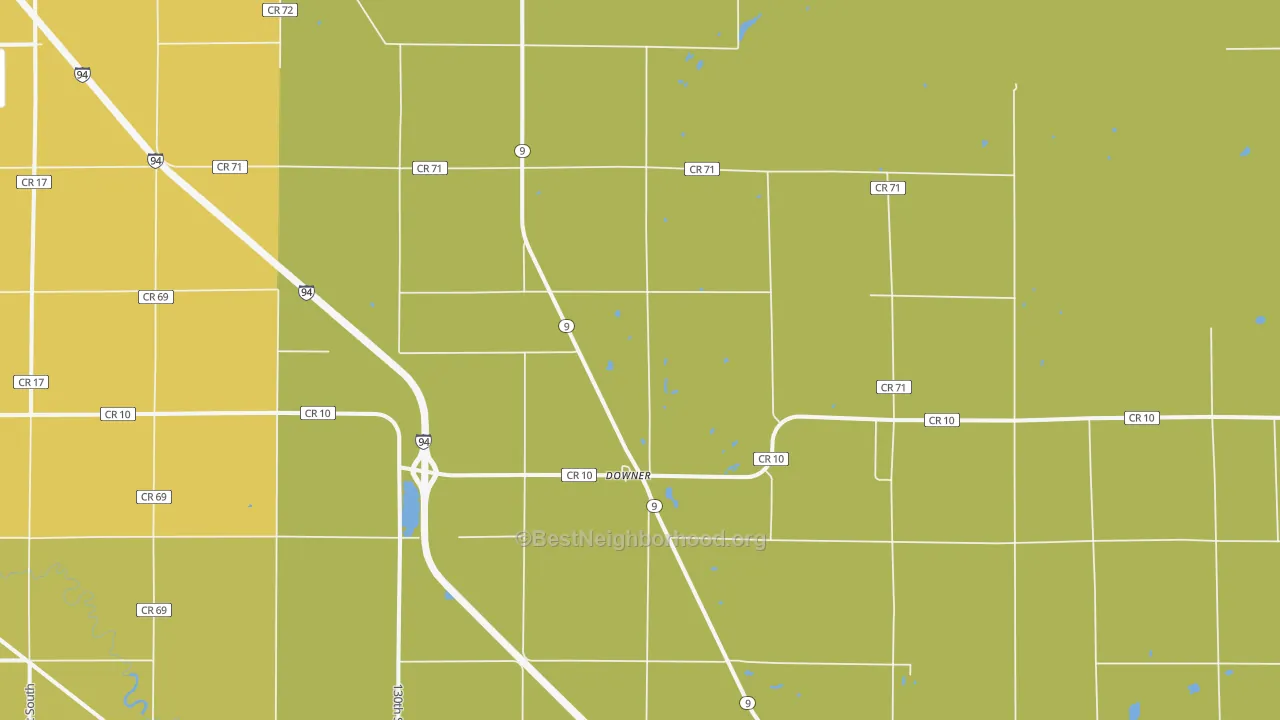 Map of the best neighborhoods in the Downer area, with better matches in green and worse matches in red