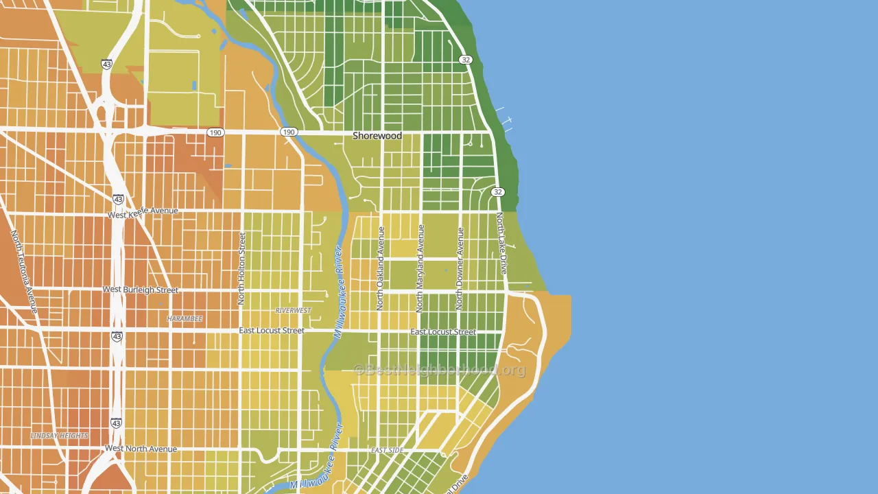 Map of the best neighborhoods in the Downer Woods, Milwaukee area, with better matches in green and worse matches in red